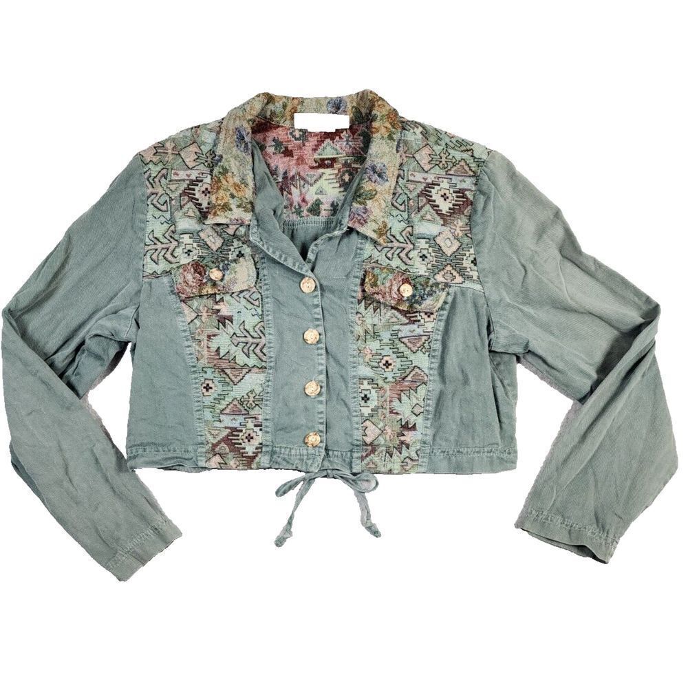 Piccalino VTG Cropped Westerncore‎ Cowgirl Carpet Print Button Up Jacket Size PM